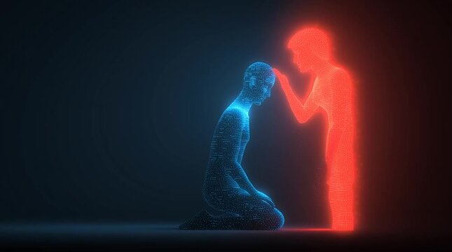 Conceptual cybersecurity image of a red malicious entity manipulating a blue human-shaped data silhouette to open a secure digital gate, symbolizing social engineering and cyber deception.
