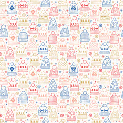 Colourful seamless pattern with cute hand drawn winter hats. Christmas background concept. Vector illustration