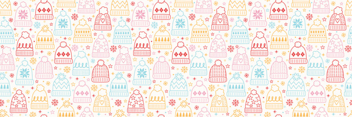Colourful cartoon winter hat background. Christmas seamless pattern. Banner. Vector illustration