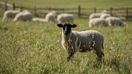 Fototapeta premium A sheep standing in a grassy field with a flock of sheep and a wooden fence in the background.