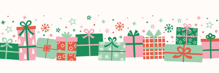 Colourful Christmas banner with hand drawn presents. Vector illustration