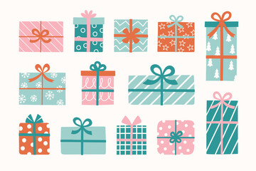 Collection of presents in cartoon style. Christmas decoration. Vector illustration