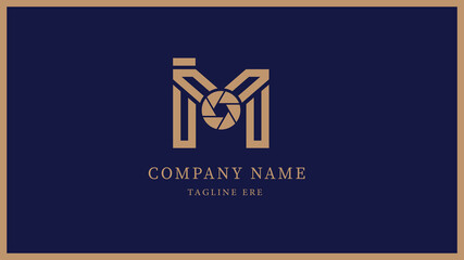 Modern m letter logo with camera lens aperture detail