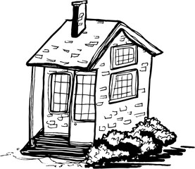 Line Art Outline Small Rural Country Cottage House