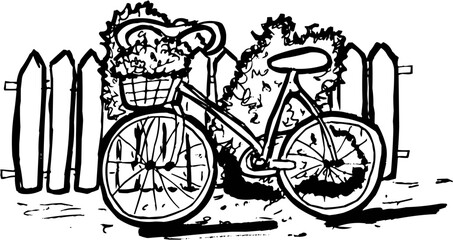 Hand-Drawn Sketch Bicycle Next to Low Garden Fence