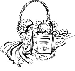 Hand-Drawn Sketch Basket of Apples and Open Book Still Life