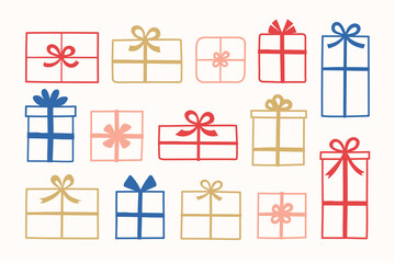 Set with cute hand drawn gift boxes. Christmas decorations. Vector illustration