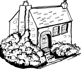 Line Art Outline Traditional Rural Stone Cottage House
