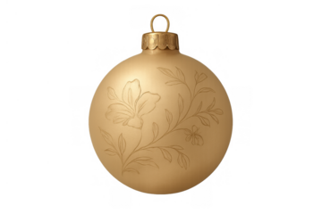Gold christmas ornament featuring elegant floral pattern, celebrating festive holiday season decorations with transparent background
