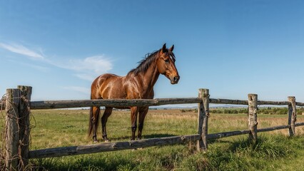 Horse standing near a wooden fence in a grassy field under a clear blue sky.