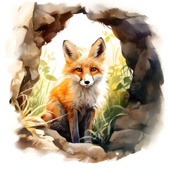 Obraz premium Watercolor painting of a fox sitting inside a stone cave looking towards the viewer