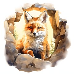 Obraz premium Watercolor fox nestled among rocks in a painting illustration style