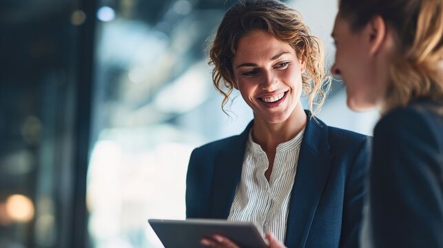 Corporate Dialogue: Two professional women engaged in a focused business discussion, their faces lit with expressions of thought, sharing an idea using a digital tablet.