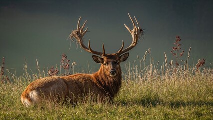 A majestic deer with antlers resting on the grass in a natural habitat.