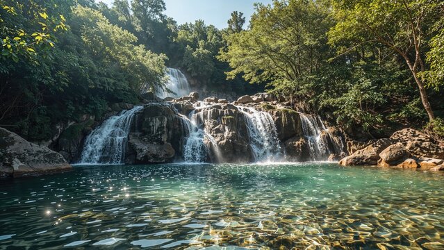 A waterfall flowing into a clear, calm river surrounded by dense green trees and lush foliage.
