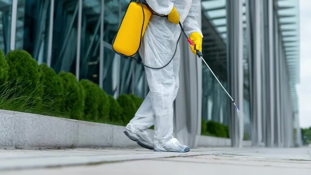 Technician applying protective treatments along the foundation of a modern office complex to halt pest invasion before it starts.