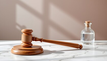 The Gavel and Water: A wooden gavel rests beside a bottle of water on a marble surface. The play of light and shadow, the minimalist aesthetic, evoking a sense of calm and clarity.