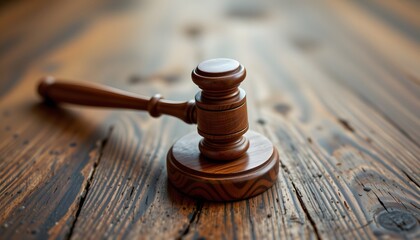 Wooden Gavel of Justice: A close-up shot of a wooden gavel resting on a weathered wooden surface, symbolizing the scales of justice and law.