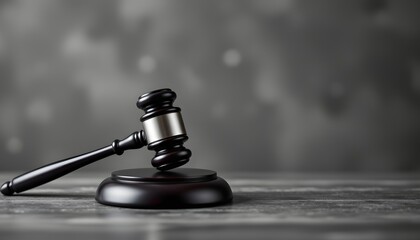 Gavel of Justice: A close-up shot of a judge's gavel and sound block, symbols of justice and law, against a subtly textured, gray background.