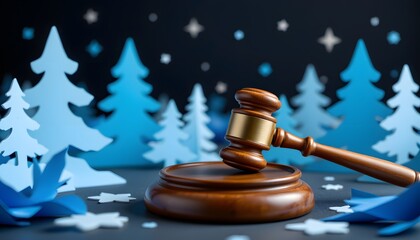 Legal Judgement Amidst Festive Decor: A gavel rests atop its sound block, surrounded by festive paper cutout fir trees, symbolizing legal proceedings within a celebratory context.