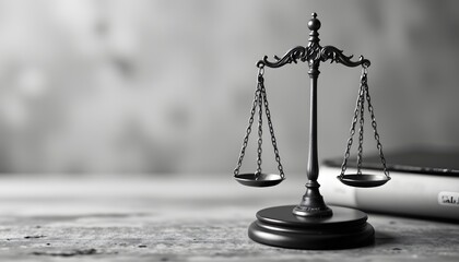 Justice's Balance in Monochrome: A detailed black and white shot of an antique balance scale, symbolizing justice and law, placed beside a bound book.