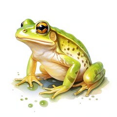 Obraz premium Watercolor illustration of a green frog with distinctive golden eyes sitting peacefully