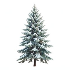 Snow covered fir tree stands isolated against a bright white background