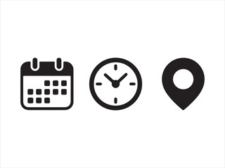 Set of four black icons representing location time calendar and bell isolated on white background