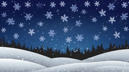 Enchanting twilight landscape of snow-covered hills and evergreen trees, illuminated by a gentle snowfall under a starry winter sky, creating a magical festive backdrop