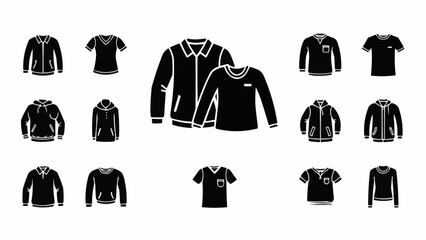 Collection of Black and White Clothing Icons for Fashion and Apparel Design.