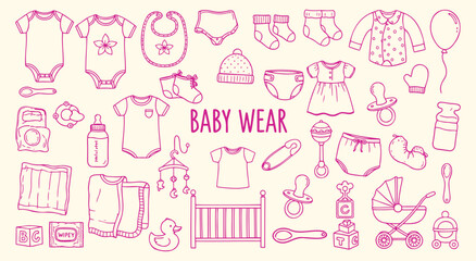 Baby Wear. Nursery. Doodle. A pink hand drawn vector line art set of baby clothes and nursery items for a baby shower invitation, a children's brand, or a parenting blog graphic.