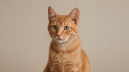 A close-up portrait of an orange tabby cat with green eyes against a plain background.
