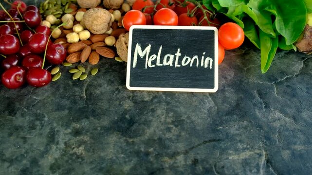 Foods containing melatonin on a beautiful background. Selective focus.