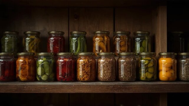 A wide collection of homemade preserved fruits, vegetables, and pickles stored in glass jars arranged on dark wooden shelves.