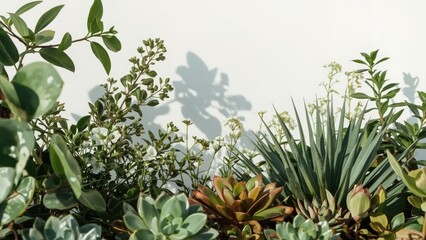 Fototapeta premium A variety of succulent and leafy plants with shadows cast on a white wall.