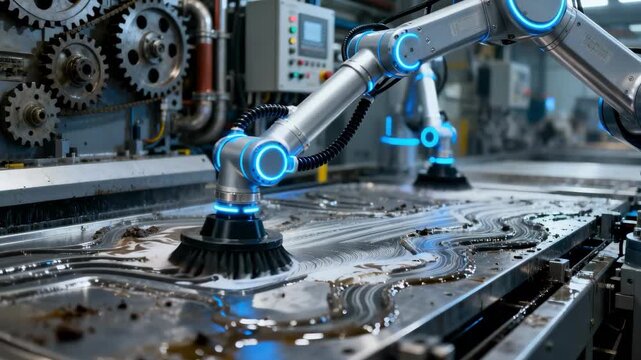 Closeup of automated robotic scrubbers adjusting to complex machinery surfaces highlighting adaptability and thorough cleaning in intricate manufacturing processes.