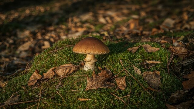 A mushroom growing on mossy ground surrounded by fallen leaves in a natural setting. - Powered by Adobe