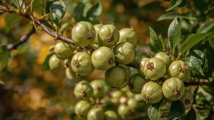 Clusters of unripe green gooseberries on a branch surrounded by leaves.