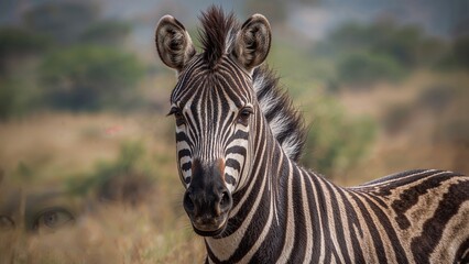 Obraz premium Zebra in the wild with distinctive black and white stripes and a blurred natural background. Wildlife and animal photography. The beauty of nature and wild animals.