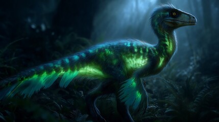 Glowing feathered dinosaur in a dark, mysterious prehistoric forest, with vibrant detail.