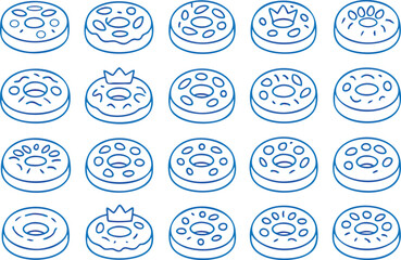 An assortment of delightful line art donuts with various toppings and designs perfect for sweet treat illustrations