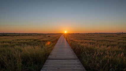 Obraz premium Sunset over a wooden boardwalk through grassy plains at dusk.