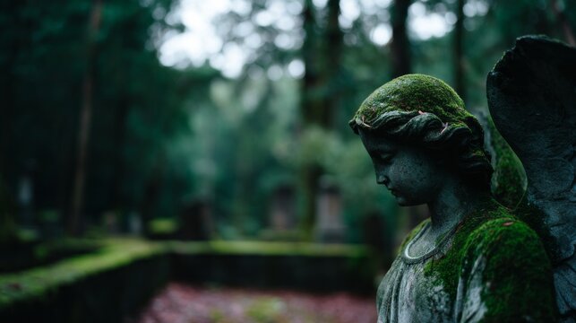 A statue of an angel is sitting in a cemetery surrounded by moss