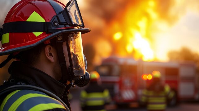 Heroic firefighters battle intense blaze urban fire scene action photography emergency response dramatic angle courage under fire - Powered by Adobe