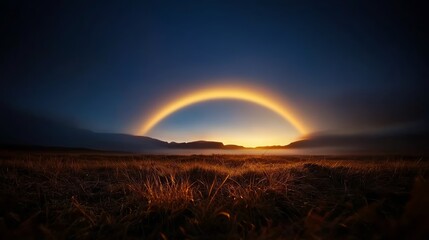 Obraz premium Dramatic sunset rainbow over serene landscape nature photography captivating viewpoint of rural tranquility