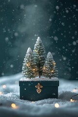 Miniature snowy pine forest growing from a dark green gift box