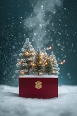 Festive tiny winter wonderland with glowing fairy lights in a box