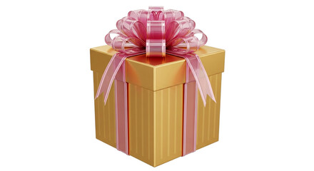 Obraz premium Elegant 3D rendering of a luxurious golden gift box with a delicate pink ribbon, isolated on transparent background for festive designs.