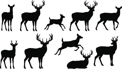 Deer silhouette collection, black and white, wildlife poses, antlers, grazing, running, leaping, lying down, forest animals, nature icons