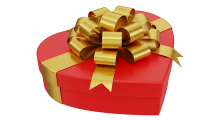 Elegant 3D rendered red heart gift box with shiny golden bow, isolated on transparent background, symbol of love, celebration.
